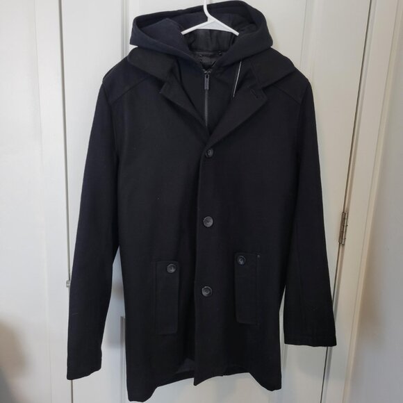 Black Rivet Men’s Hooded Wool Jacket Lined Button Zip Black M Great Condition - Picture 1 of 9